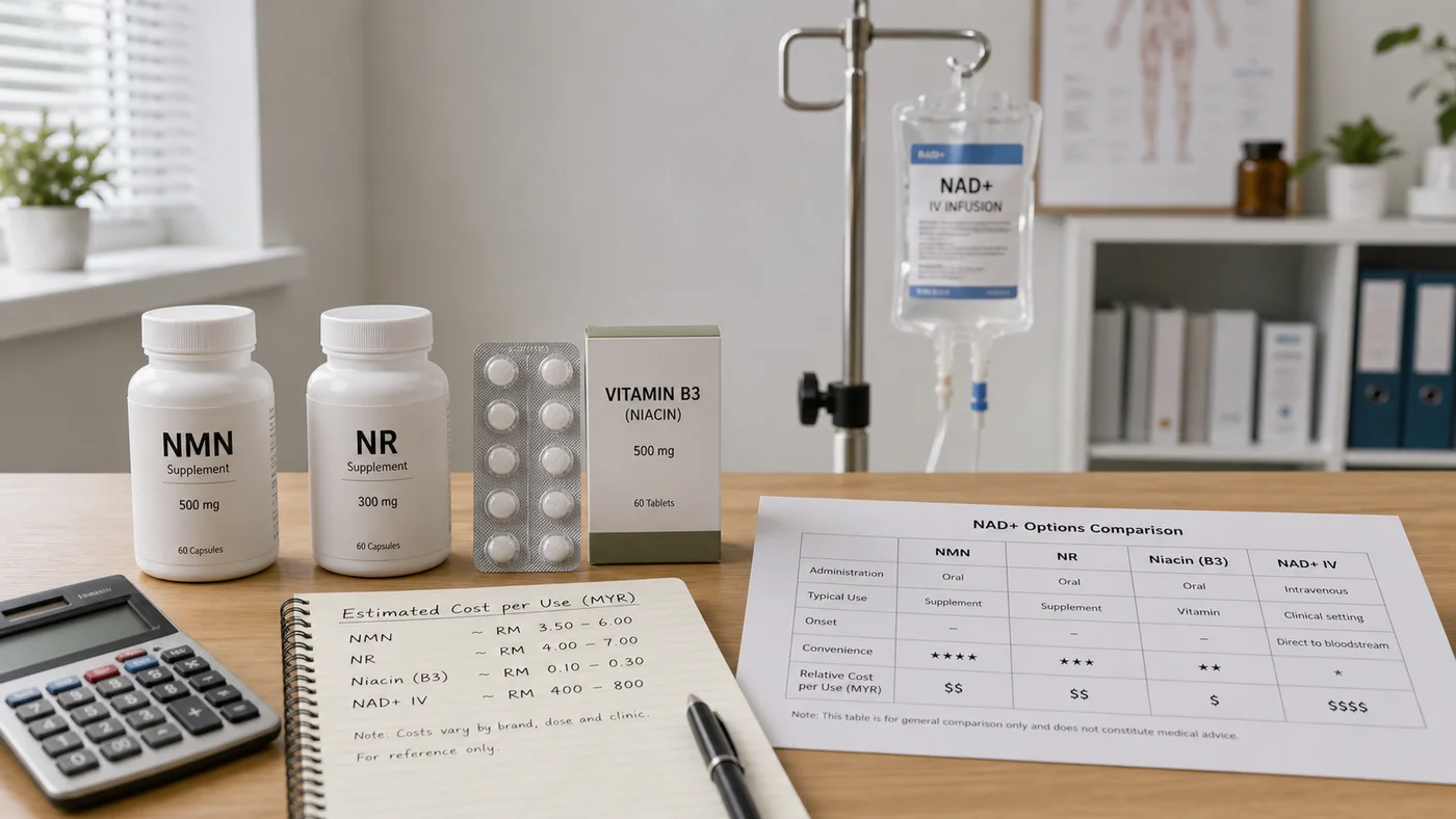 NMN, NR, niacin and NAD IV options arranged with Malaysian cost notes in a clinic setting