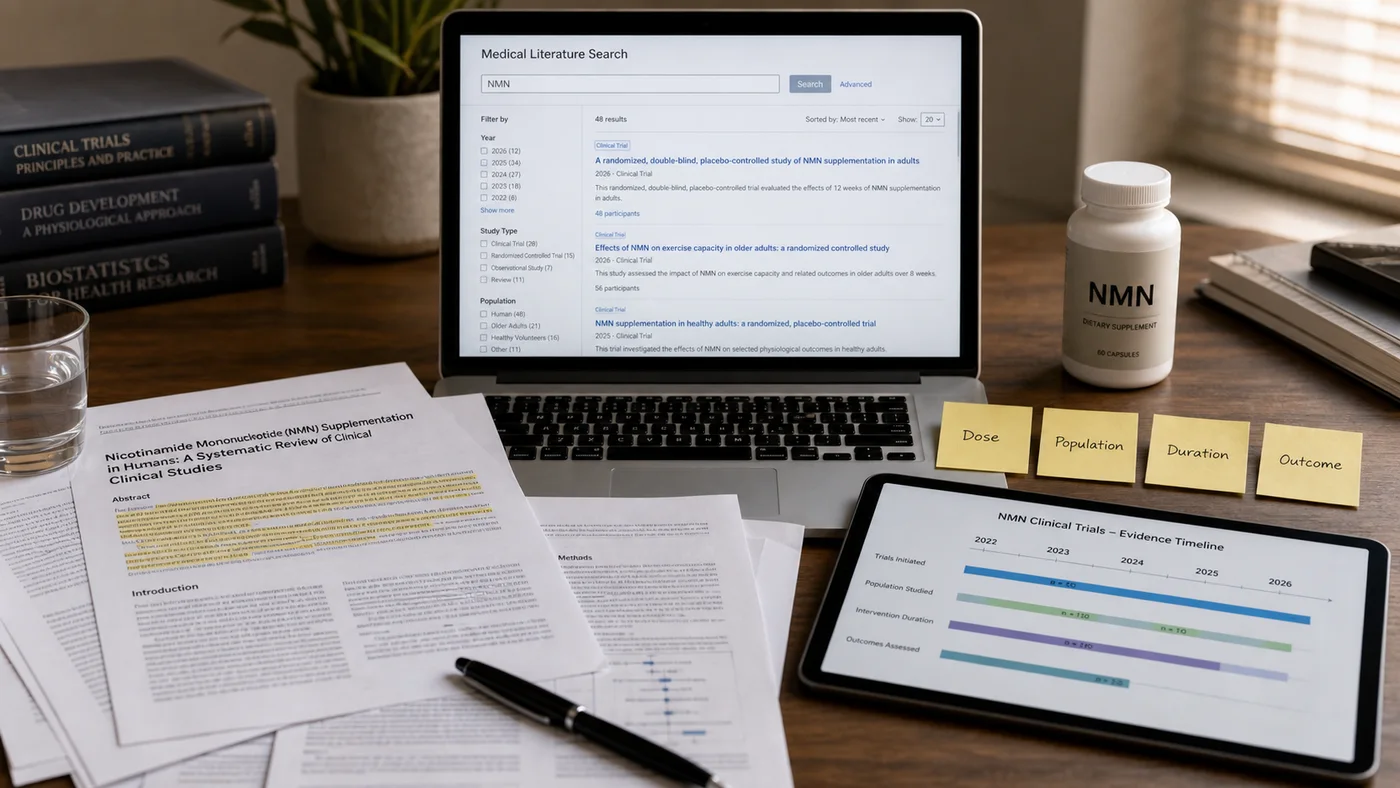 NMN clinical evidence review desk with research papers, literature search screen and trial timeline tablet