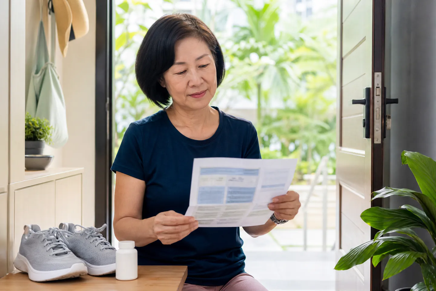 Malaysian Chinese woman reviewing an evidence summary before a morning walk