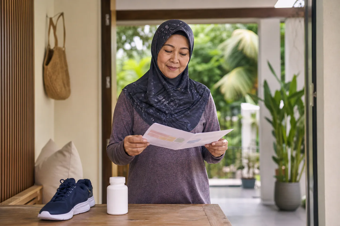 Wanita Melayu Malaysia meneliti ringkasan bukti sebelum berjalan pagi