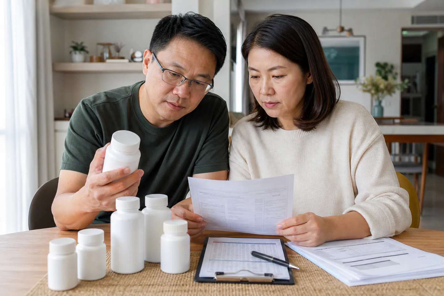 Malaysian Chinese couple checking supplement bottles and product evidence before buying