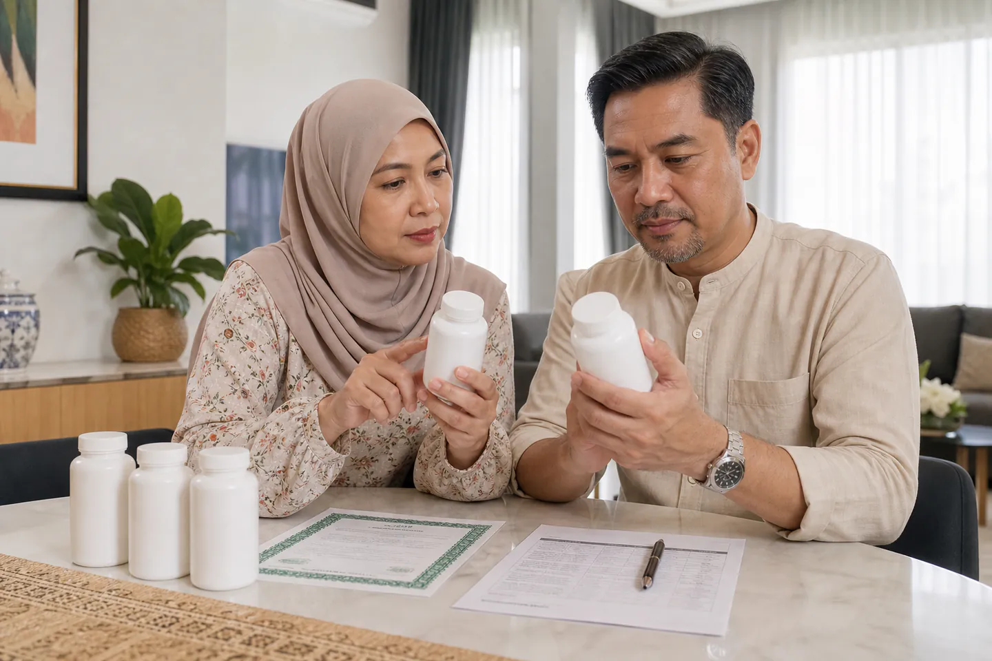 Pasangan Melayu Malaysia menyemak botol suplemen dan bukti produk sebelum membeli