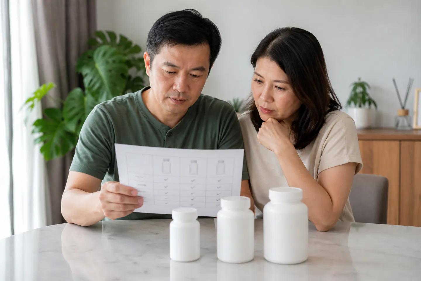 Malaysian Chinese couple comparing unbranded supplement options with a checklist