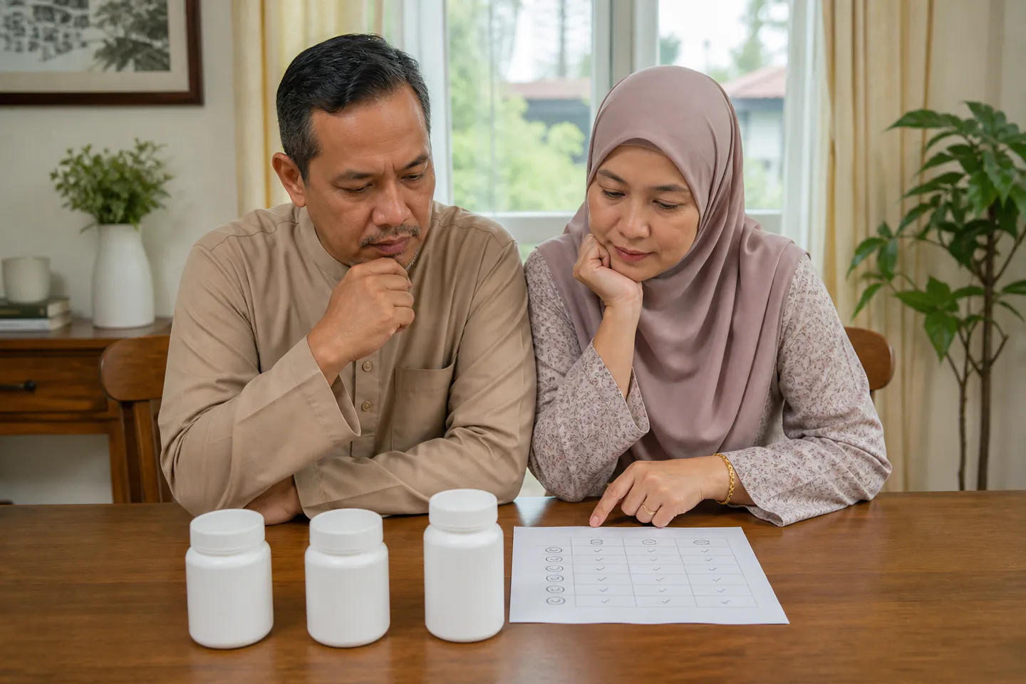 Pasangan Melayu Malaysia membandingkan pilihan suplemen tanpa jenama