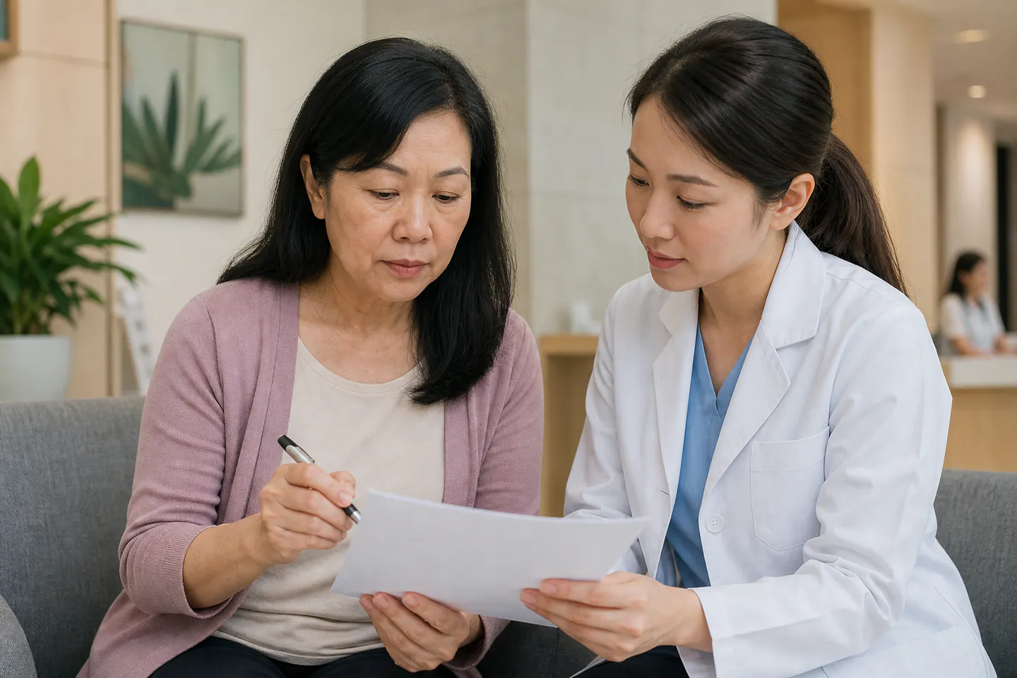 Malaysian Chinese woman preparing health questions with a healthcare professional