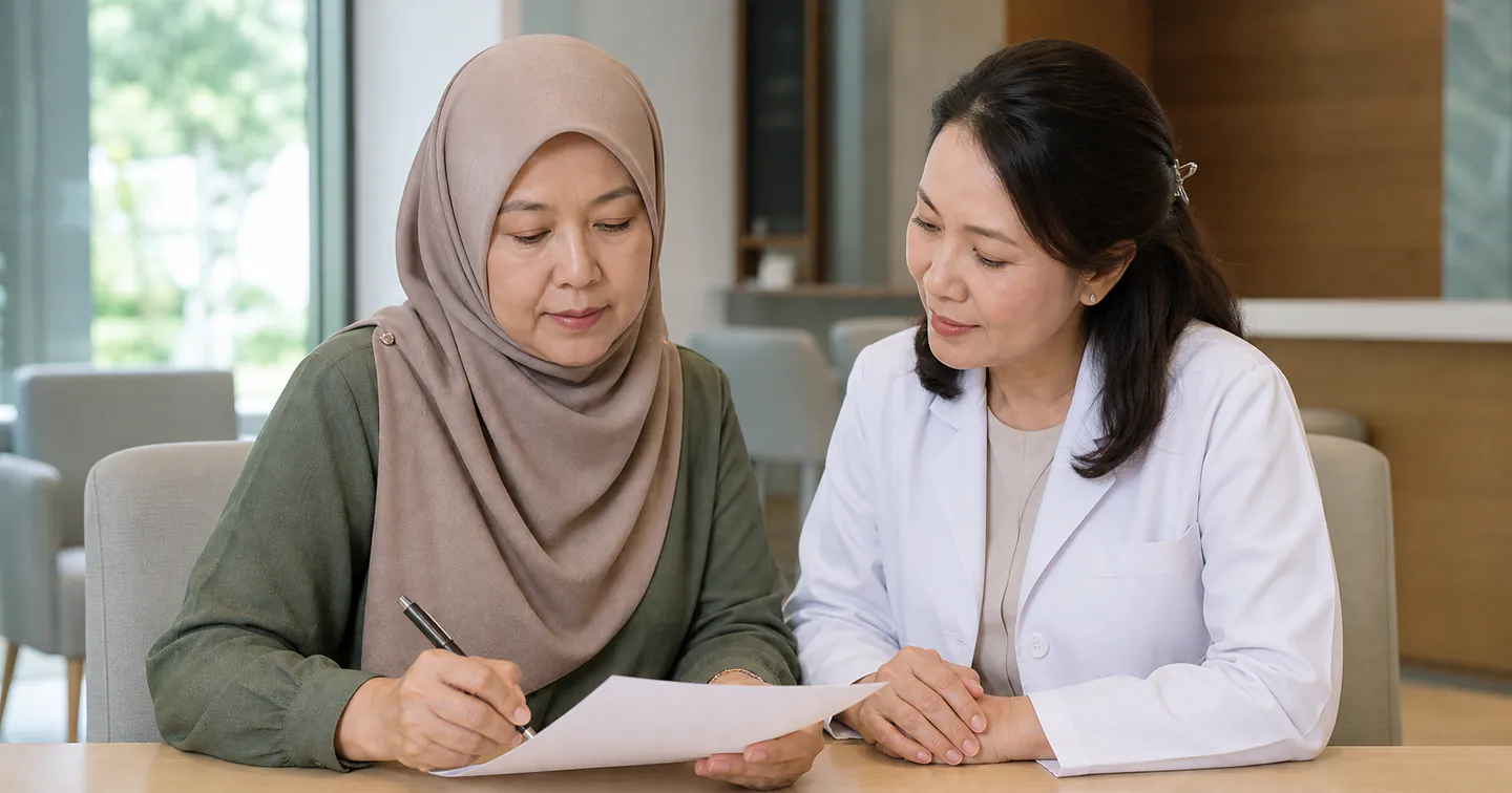 Wanita Melayu Malaysia menyediakan soalan kesihatan bersama profesional kesihatan