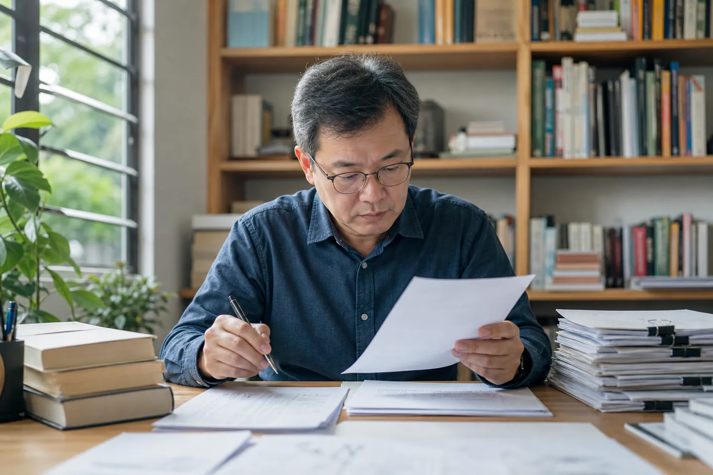 Malaysian Chinese editorial researcher reviewing source documents and a correction note