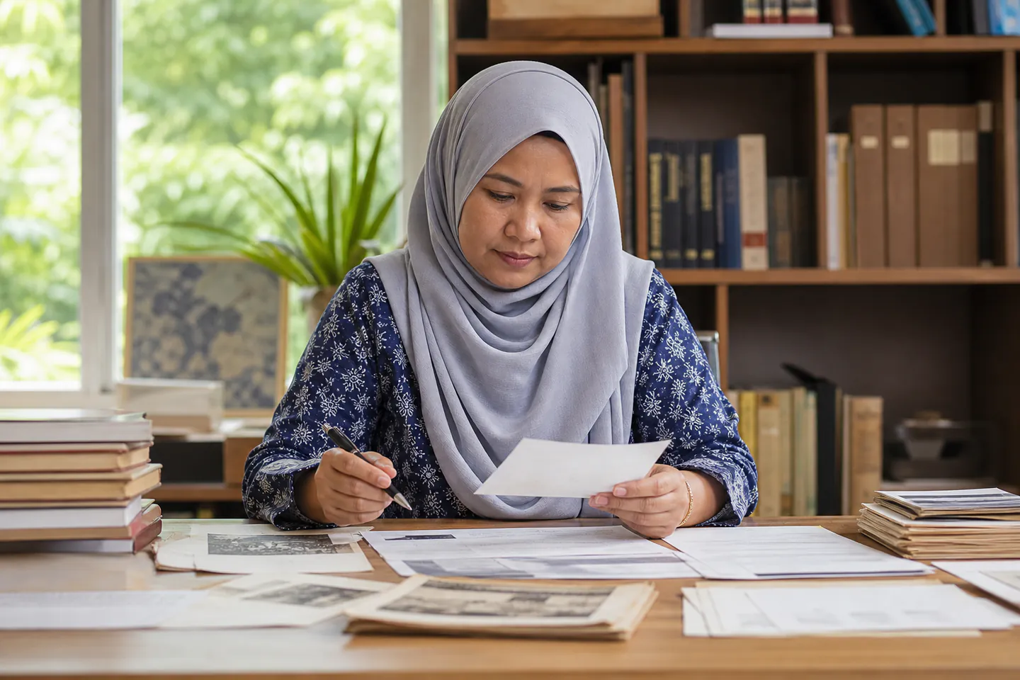 Penyelidik editorial Melayu Malaysia menyemak dokumen sumber dan nota pembetulan