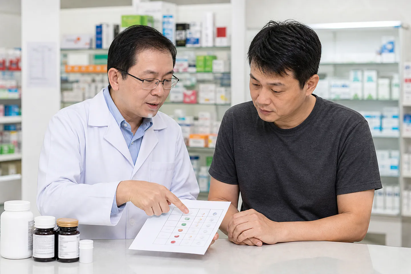 Malaysian Chinese pharmacist explaining a supplement schedule with a paper checklist
