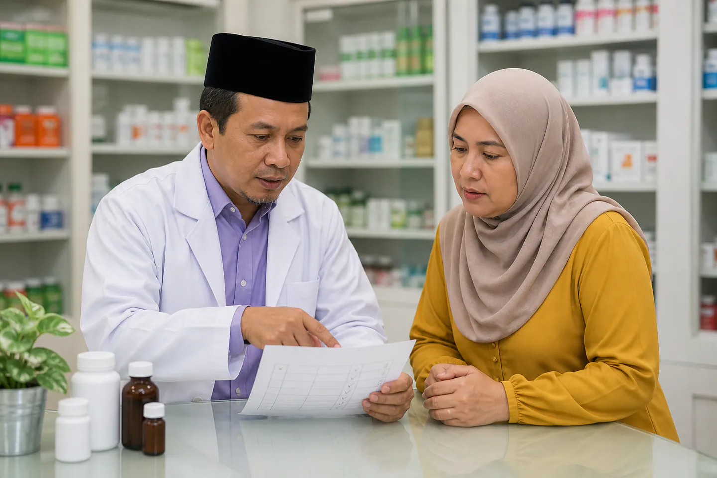 Ahli farmasi Melayu Malaysia menerangkan jadual suplemen menggunakan senarai semak