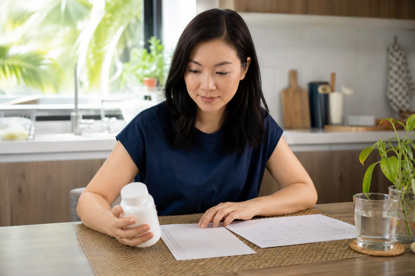Malaysian Chinese woman preparing a cautious first-month supplement checklist