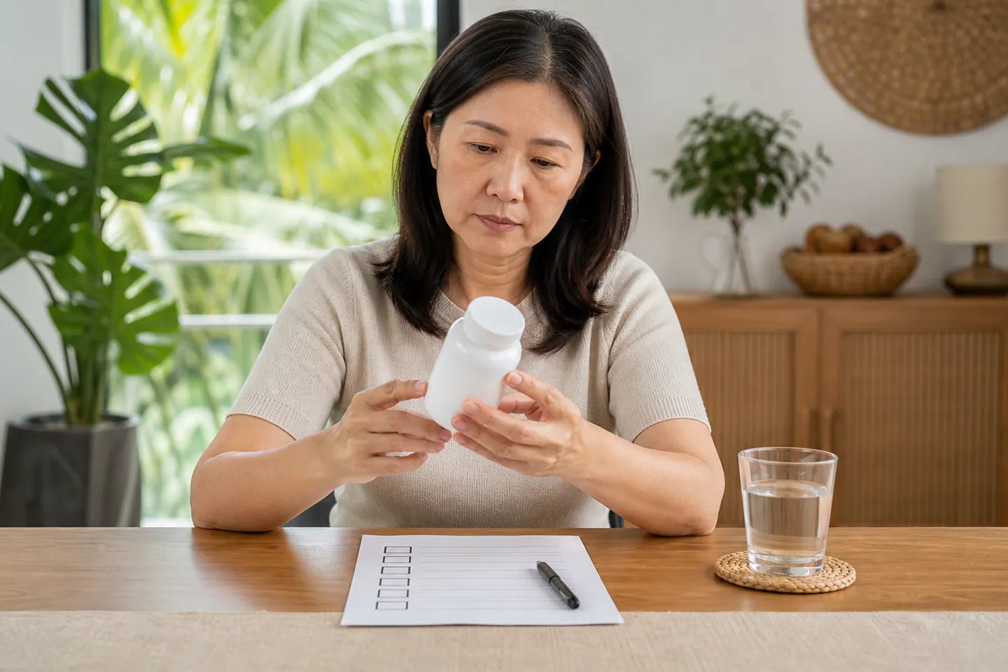 Malaysian Chinese woman checking supplement ingredients against a verification checklist