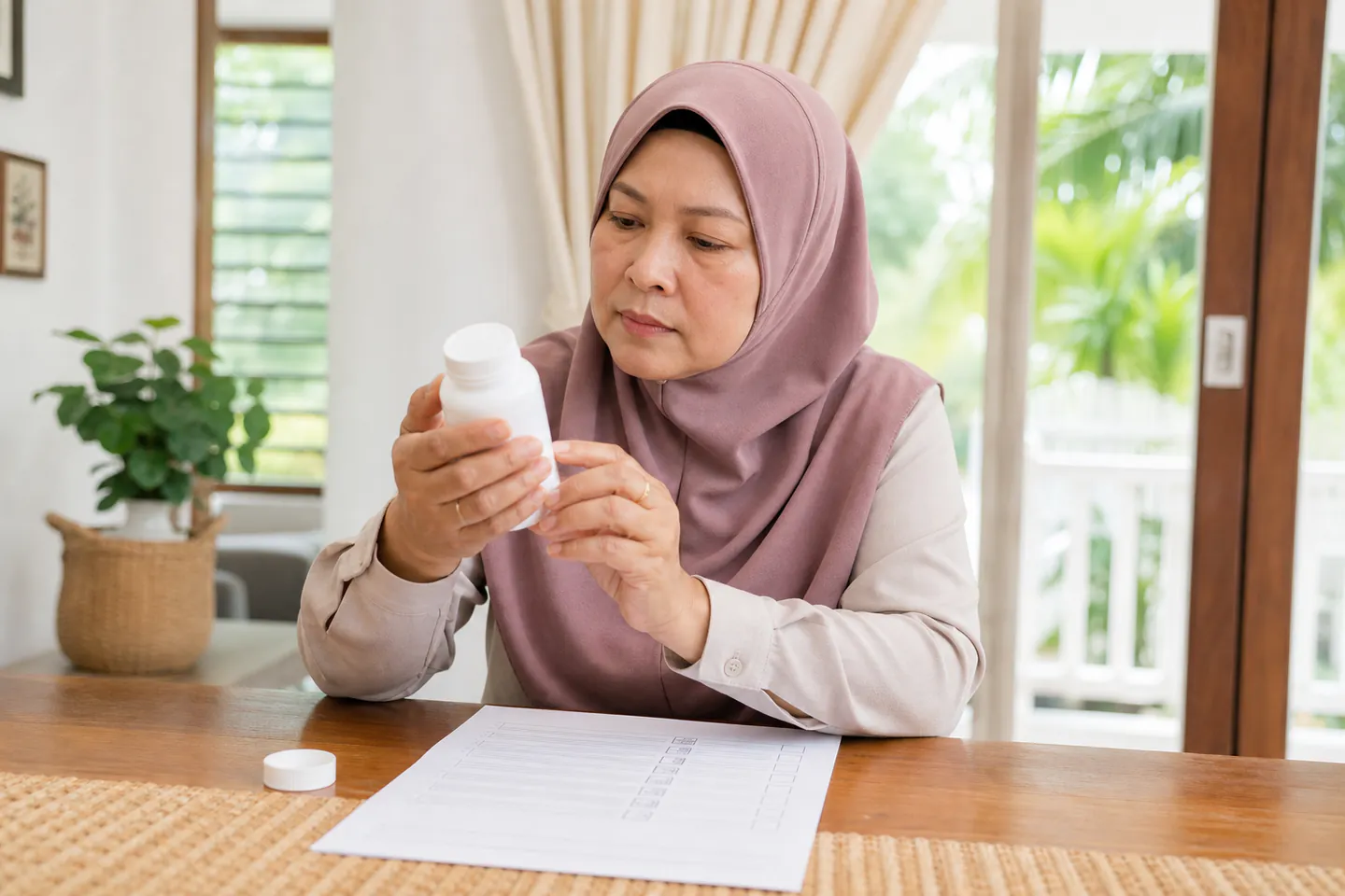 Wanita Melayu Malaysia menyemak ramuan suplemen dengan senarai pengesahan