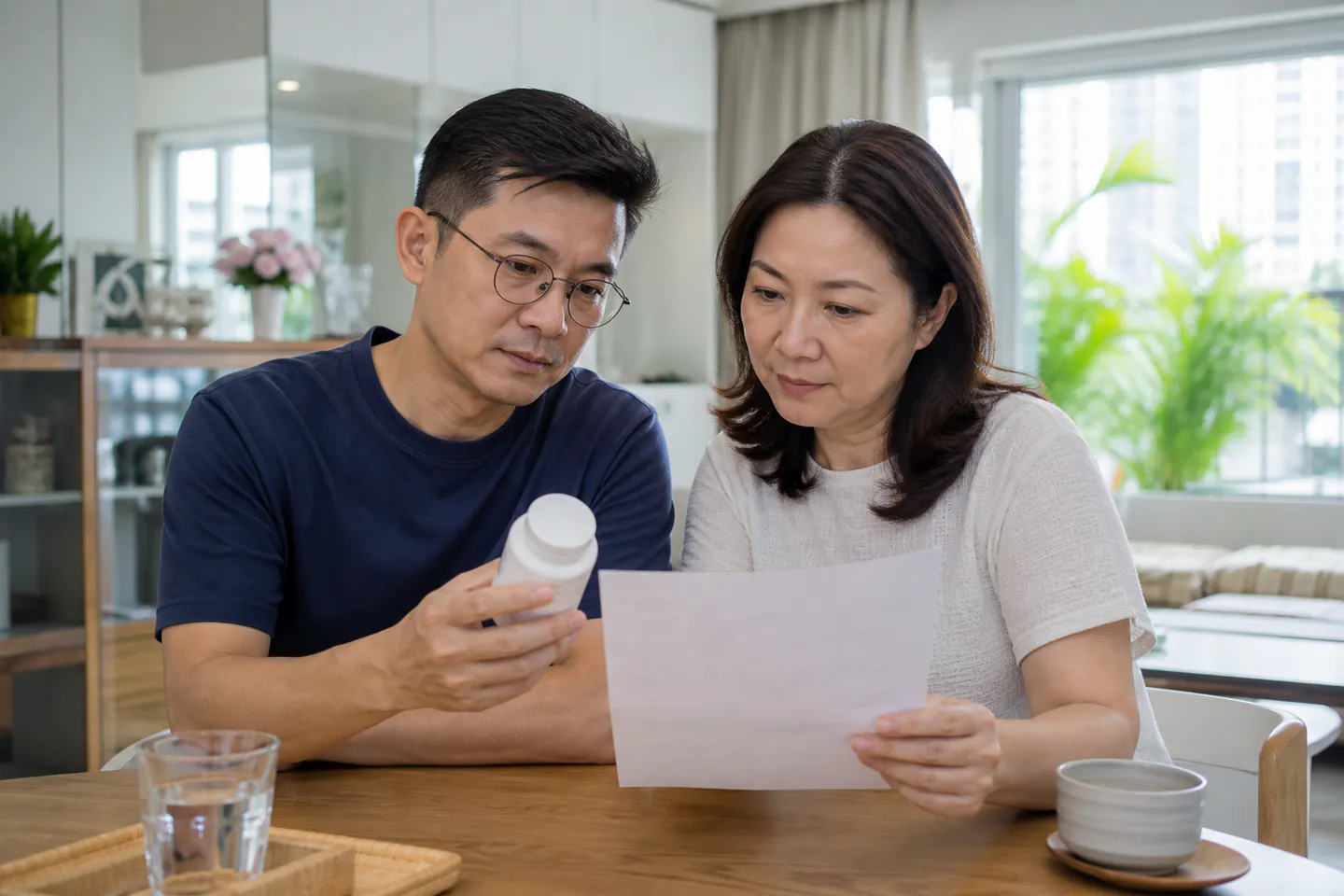 Malaysian Chinese couple checking a supplement bottle against a laboratory document