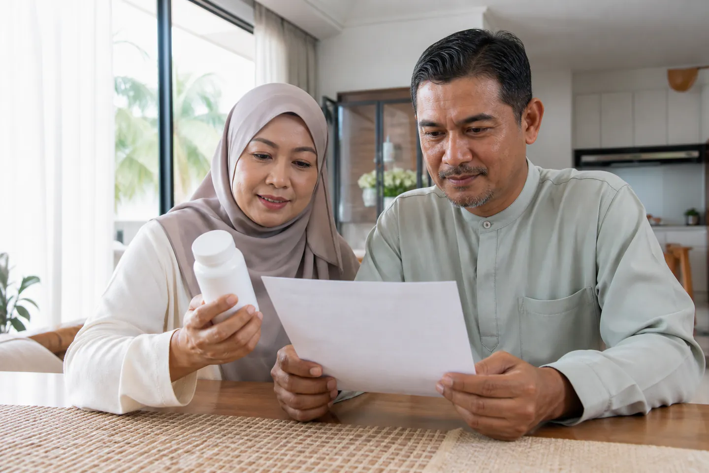 Pasangan Melayu Malaysia menyemak botol suplemen dengan dokumen makmal