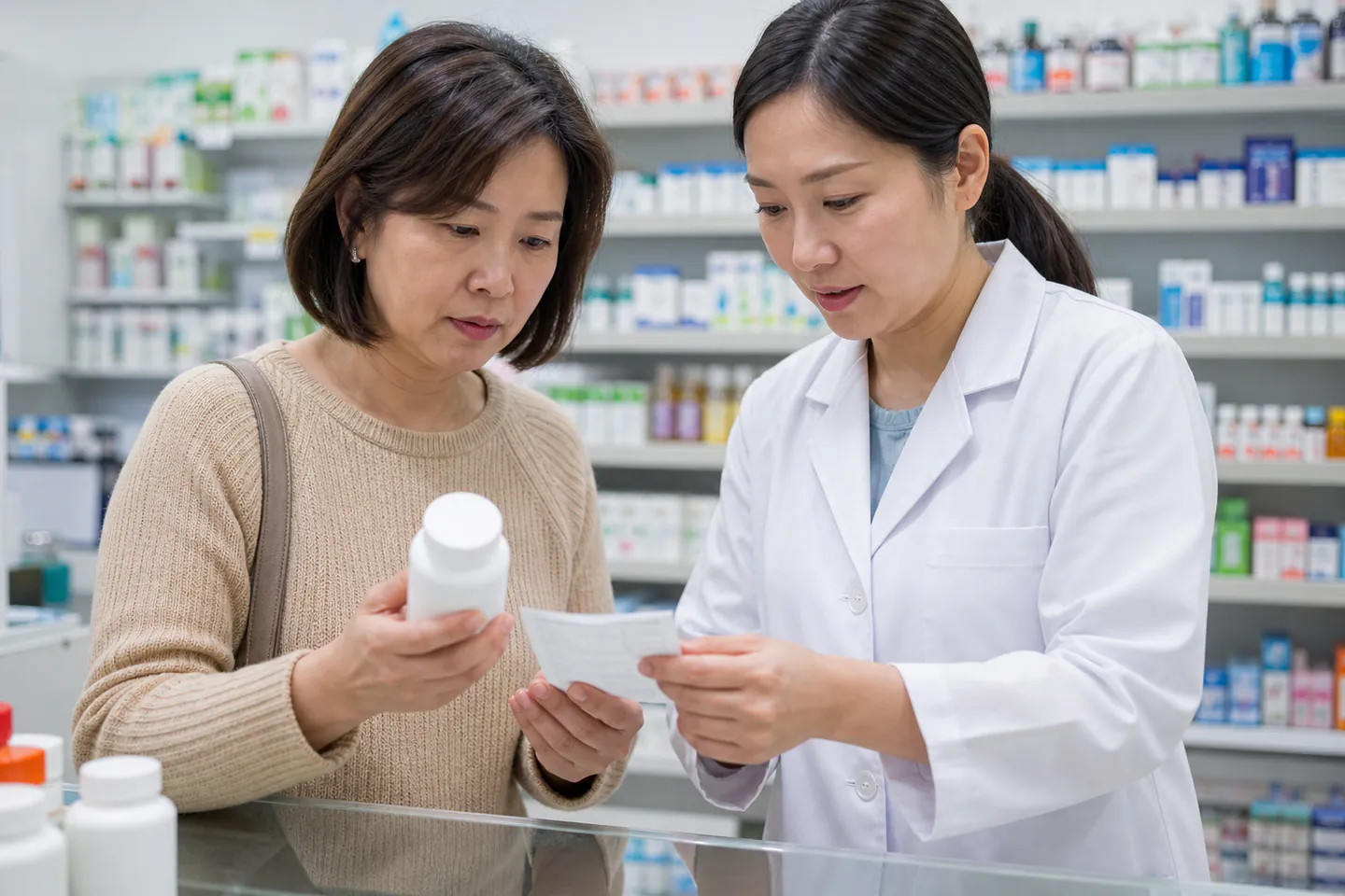 Malaysian Chinese customer verifying a supplement bottle with a community pharmacist