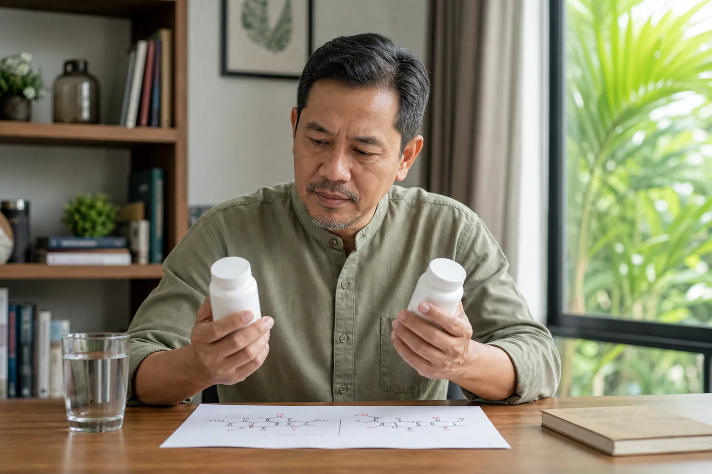 Lelaki Melayu Malaysia membandingkan dua botol suplemen prekursor NAD