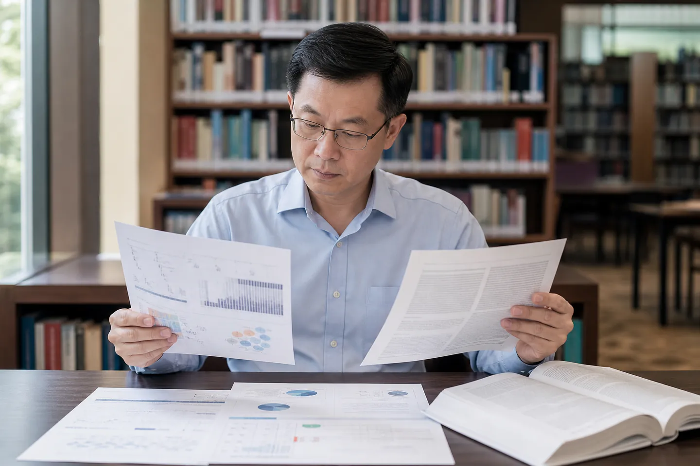 Malaysian Chinese research professional comparing printed clinical trial evidence