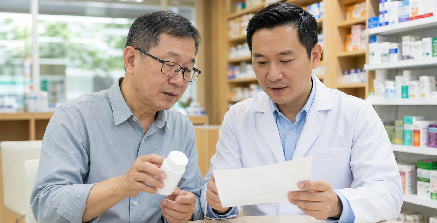 Malaysian Chinese pharmacist reviewing a supplement and medicines list with an adult customer