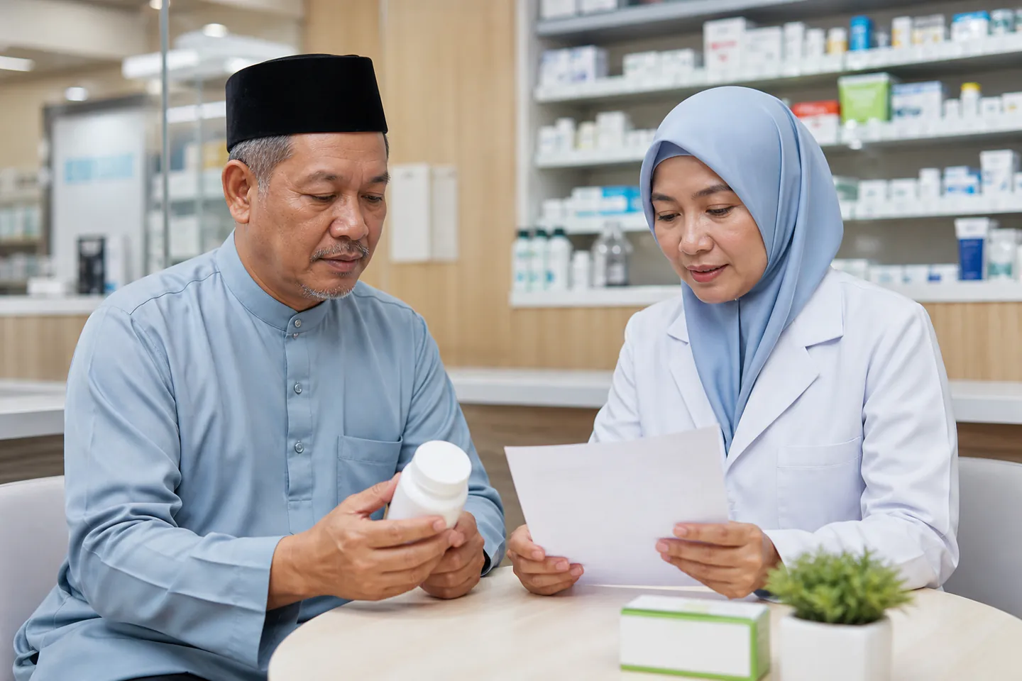 Ahli farmasi Melayu Malaysia menyemak suplemen dan senarai ubat bersama pelanggan