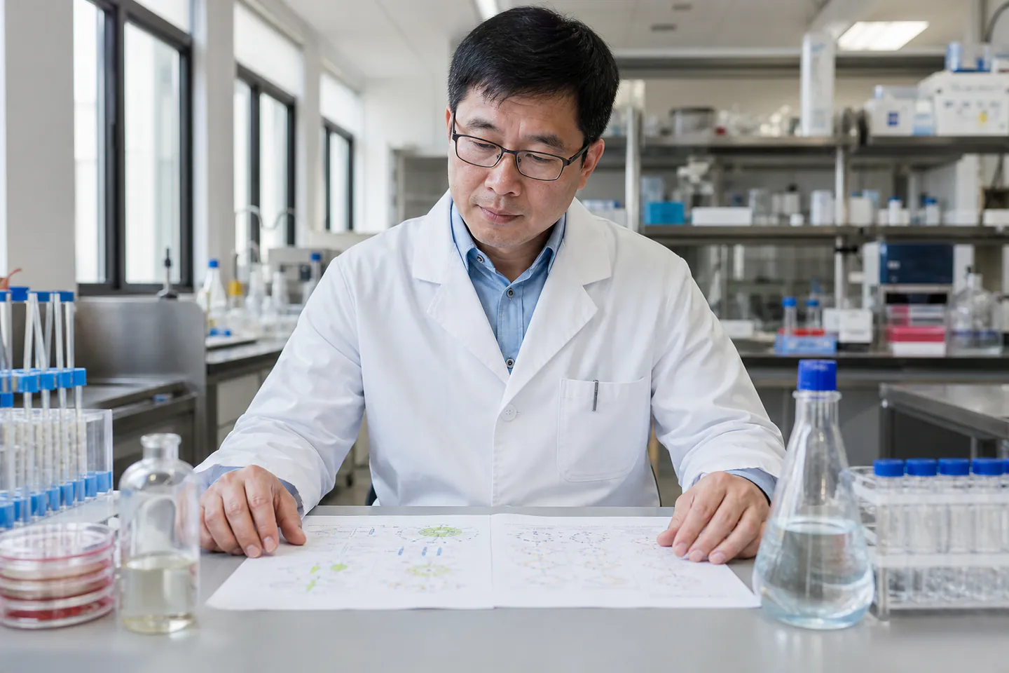 Malaysian Chinese researcher reviewing molecular pathway papers in a laboratory