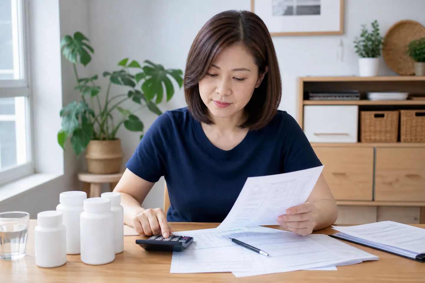 Malaysian Chinese woman calculating supplement costs from paper worksheets
