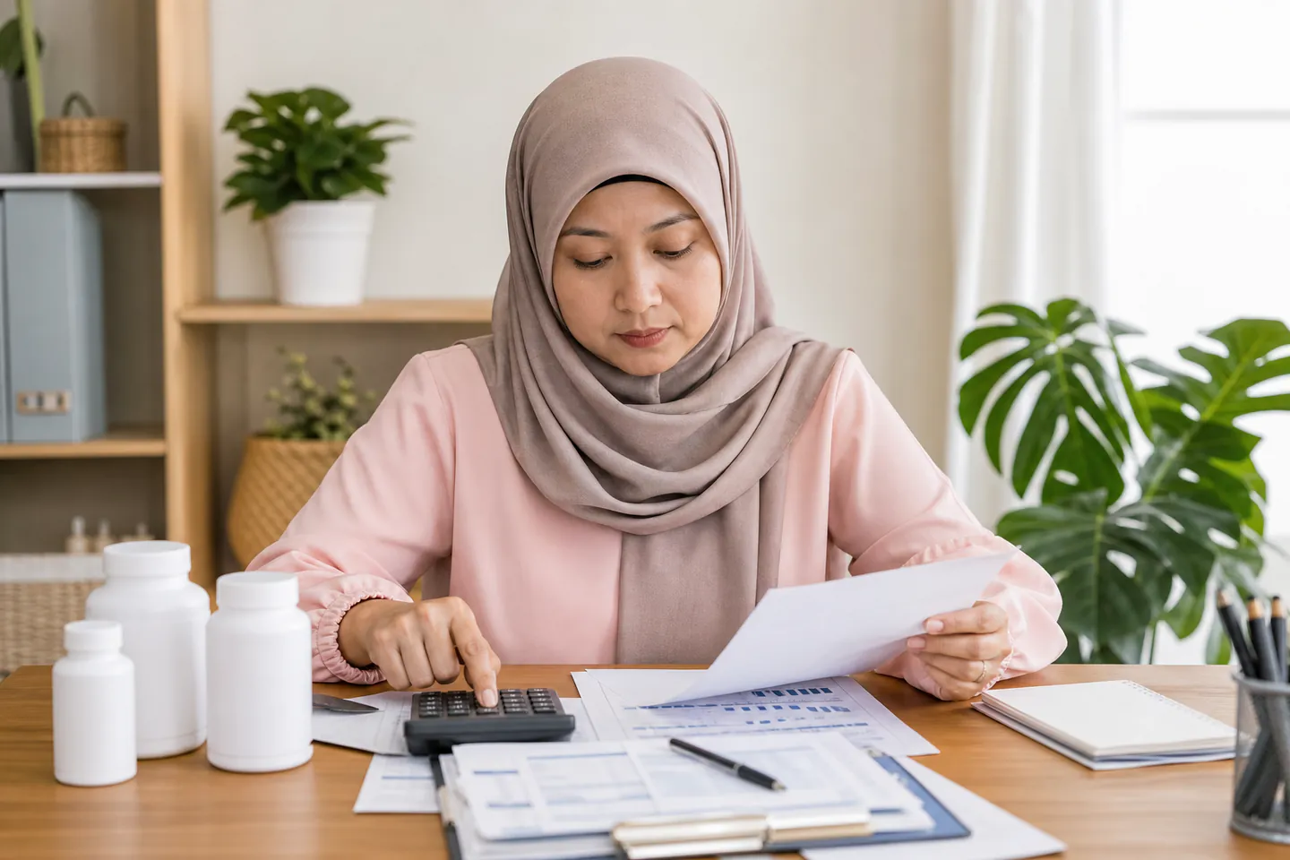Wanita Melayu Malaysia mengira kos suplemen menggunakan lembaran kerja